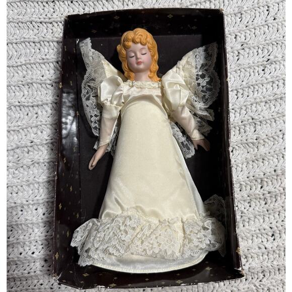 VTG Russ Christmas Tree Topper Angel China Hand Painted Satin Dress Wings Lace - Picture 1 of 14